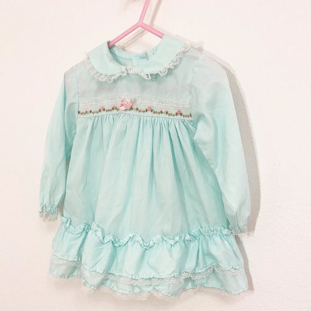 VINTAGE Alexis Dress Lace/Ribbon Soft Blue/Green Embroidered Trim Size 24 Months